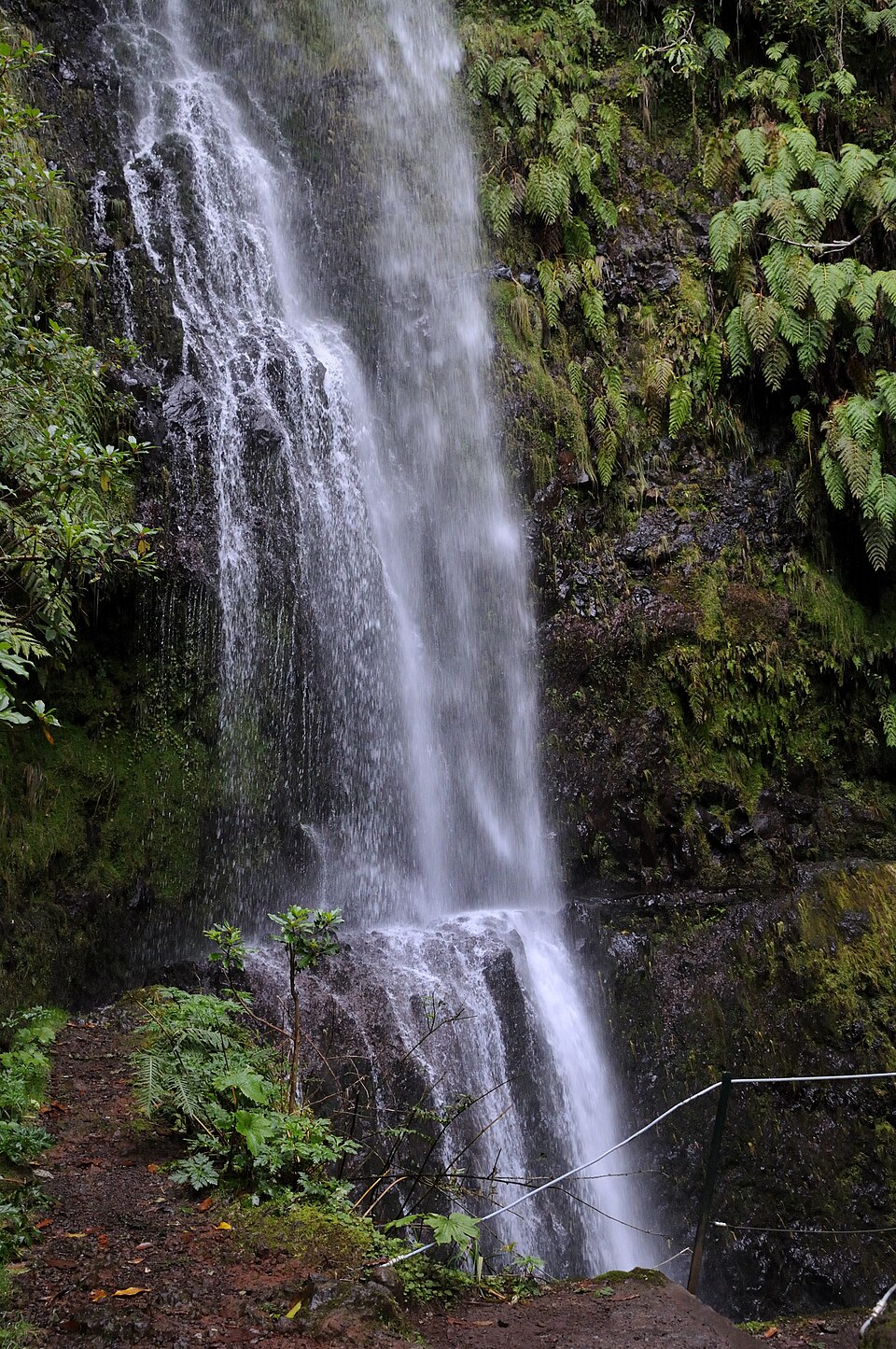 Wodospad przy wąskiej ścieżce Levada do Caldeirão Verde